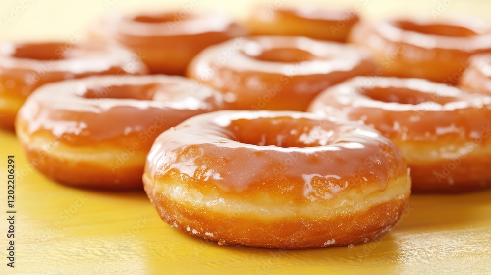 Aufkleber Glazed donuts arranged on a yellow surface with Copy Space for text placement