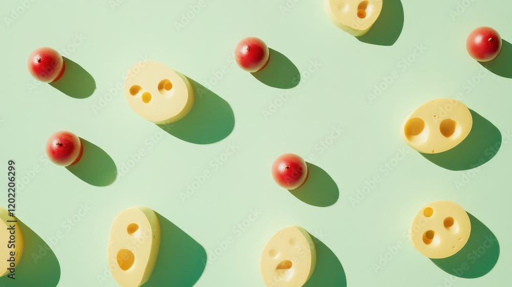 Poster Yellow cheese slices and red cherry tomatoes arranged on a pastel green background with shadows and copy space for text