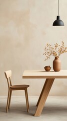 Minimalist modern interior design concepts, Minimalist dining setup featuring a wooden table, chair, and decorative vase.