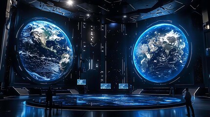 Immersive Earth exhibit, futuristic hall, data display, exploring globe