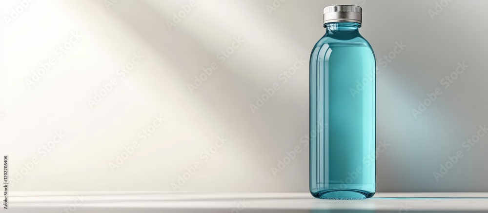Poster transparent glass bottle with turquoise liquid on light background and copy space for product placem