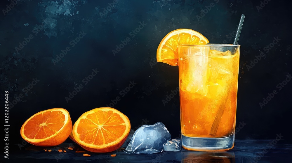 Aufkleber freshly squeezed orange juice in a glass with ice cubes and orange slices on a dark background with 