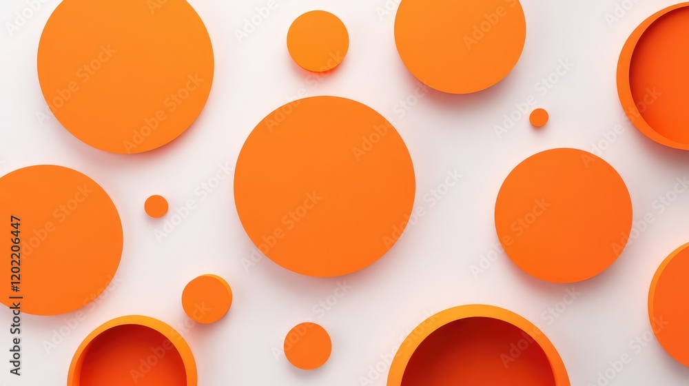 Poster abstract composition of orange circular shapes on a white background with copy space for text placem