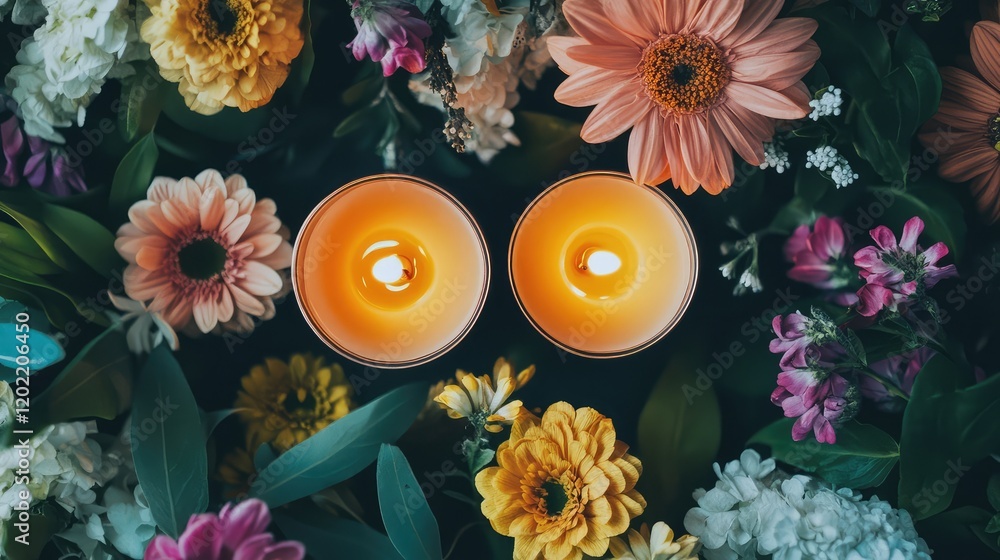 Poster candles surrounded by colorful flowers arrangement with copy space for text