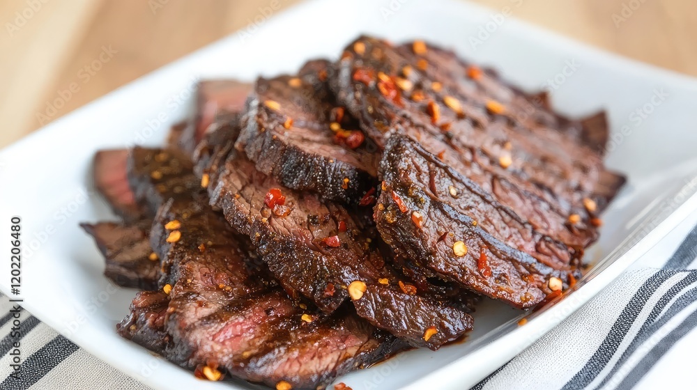 Poster grilled and sliced beef brisket with red pepper flakes on white plate with copy space for text