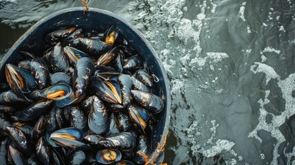 Basket filled with freshly harvested mussels submerged in water with bubbles and ripples Copy Space