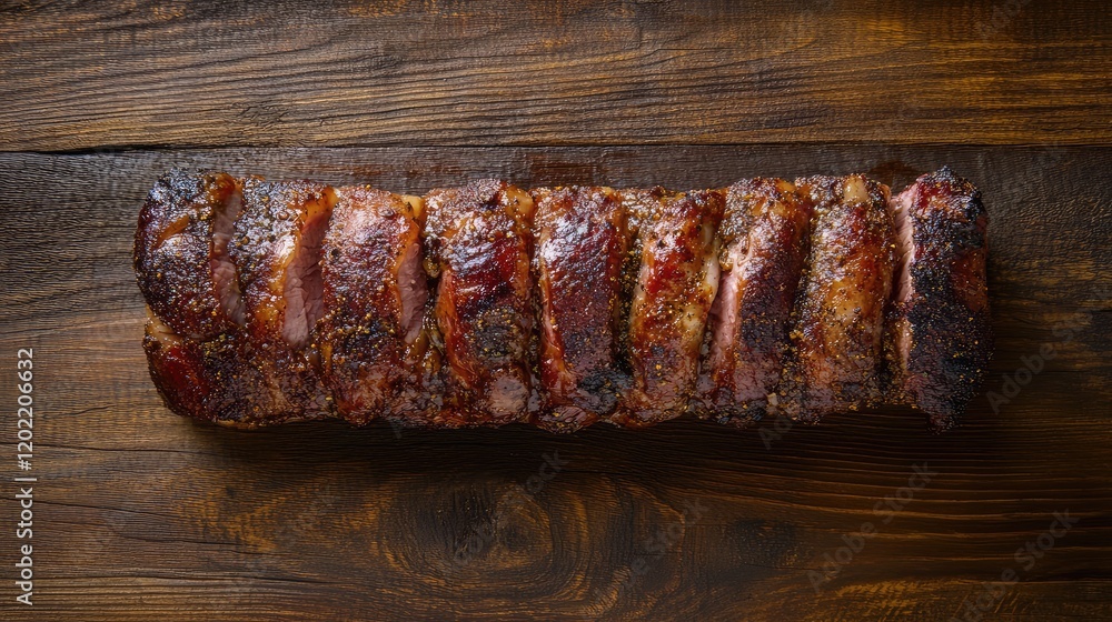 Poster grilled bbq pork ribs cut into slices on rustic wooden table with copy space for text