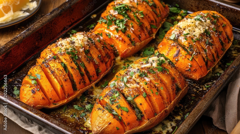 Poster baked hasselback sweet potatoes topped with herbs and cheese on a rustic baking tray with copy space