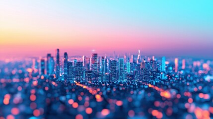 A vibrant city skyline at dusk, blurred with colorful lights and a gradient sky transitioning from pink to blue.