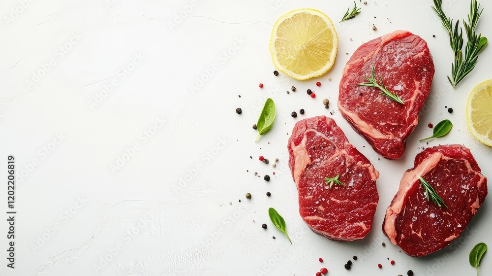 Poster raw beef steaks with herbs and lemon slices on a light background with copy space for text placement