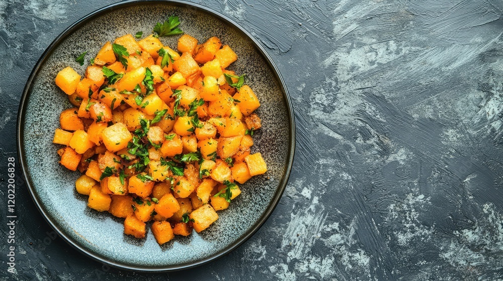 Poster roasted diced butternut squash with herbs on a textured plate with copy space on a dark background