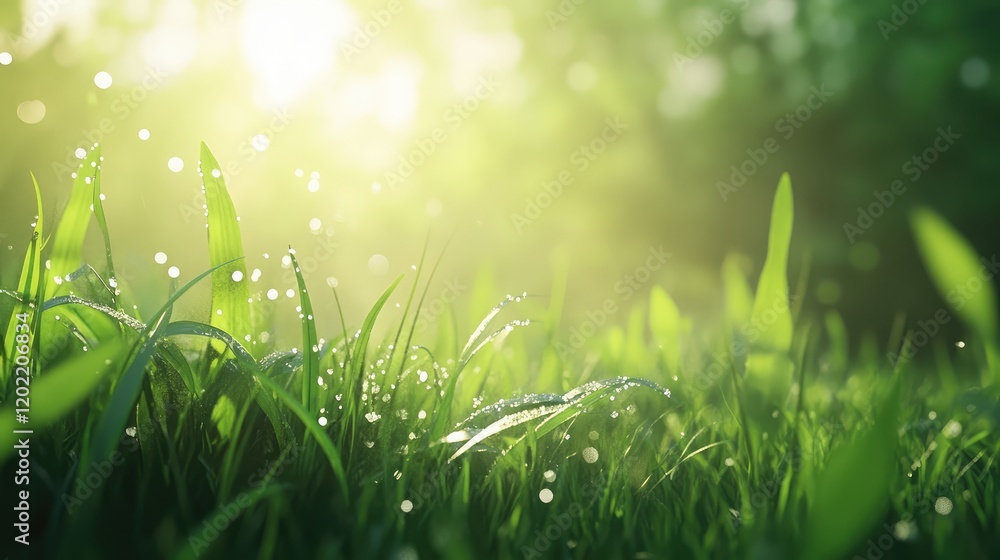 Poster morning dew on fresh green grass blades with soft sunlight filtering through, natural bokeh backgrou