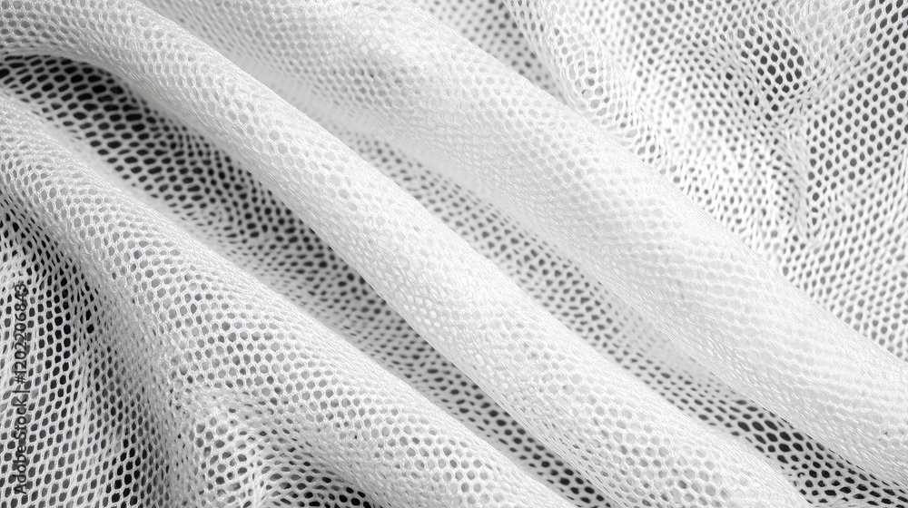 Poster textured white mesh fabric background with rippled patterns and fine holes, ideal for textile design