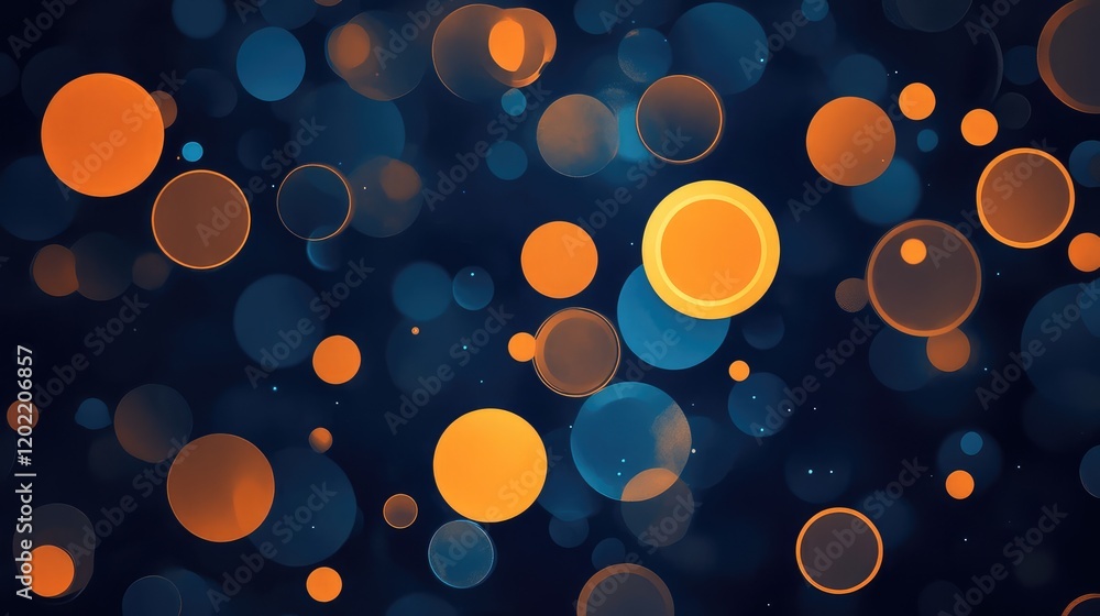 Poster colorful abstract bokeh background with orange and blue circles on a dark backdrop copy space