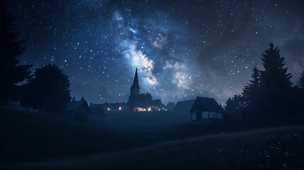 A spiral galaxy visible from a quiet village with the night sky filled with the light of distant stars