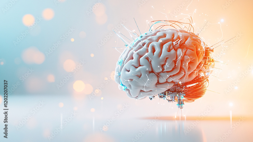 Poster futuristic brain with wires and mechanical parts, symbolizing advanced technology and innovation. gl