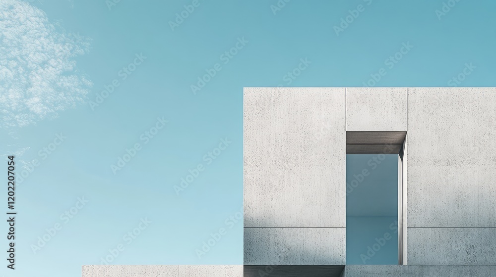 Poster modern architectural structure with minimalist design against a clear blue sky featuring an open win