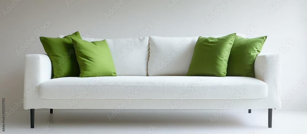 Aufkleber white modern sofa with green cushions against a plain wall and ample copy space for text placement