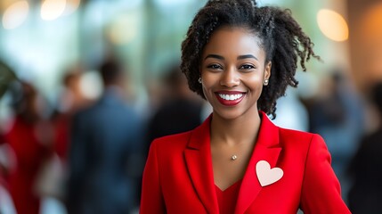 Professional woman in a red suit smiling while holding a heart-shaped badge at a formal event