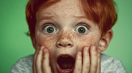 Child with freckled skin and red hair expresses surprise in bright studio lighting against a pastel background