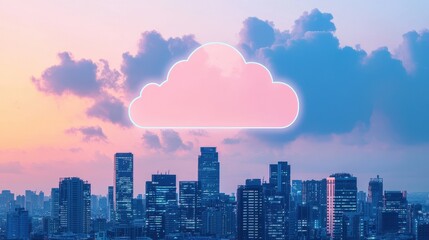 A vibrant urban skyline at sunset, featuring a stylized cloud icon, symbolizing technology and connectivity.