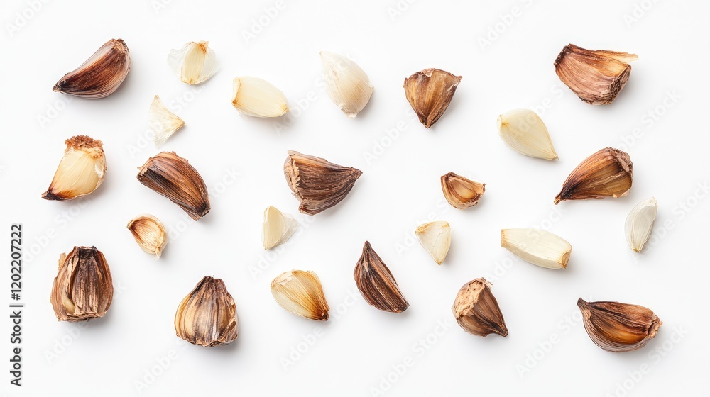 Poster various garlic cloves and peels arranged on a white background with copy space for text.