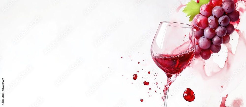 Poster red wine glass with fresh grapes and splash on white background with copy space