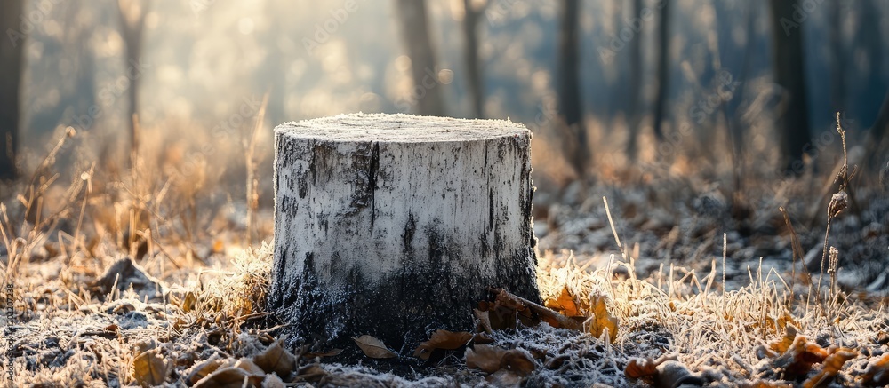 Poster Wooden tree stump in a frosty forest with sunlight filtering through trees and autumn leaves on the ground Copy Space