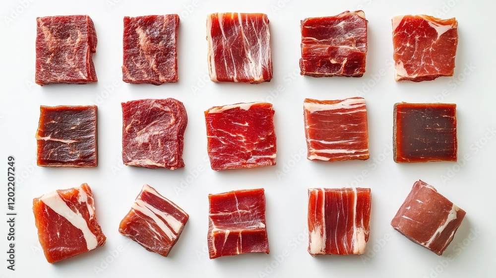Poster Assorted squares of cured meats arranged on a white background showcasing different textures and colors with Copy Space for text.