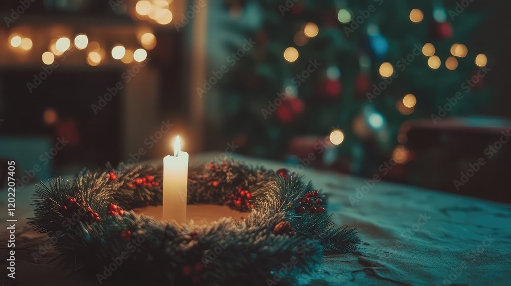Aufkleber Candlestick in Christmas wreath with festive bokeh background and tree decorations Copy Space