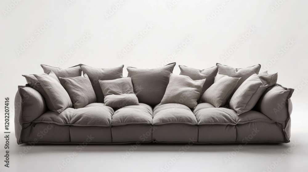 Poster modern beige sofa with multiple cushions on a plain background and ample copy space for text placeme
