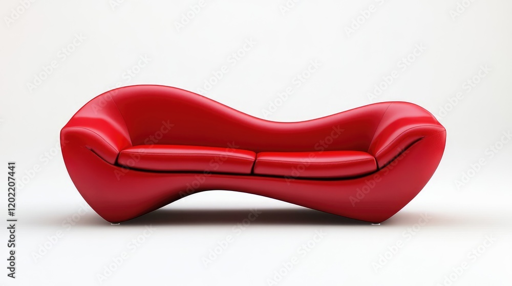 Poster modern red curved sofa design with smooth lines and glossy finish on white background with copy spac