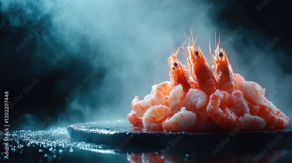 Poster fresh shrimp arranged on a dark surface with smoky atmosphere and copy space for text inclusion