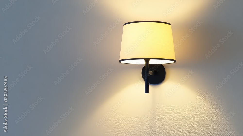 Poster wall-mounted lamp with soft lighting on a plain wall and copy space for text