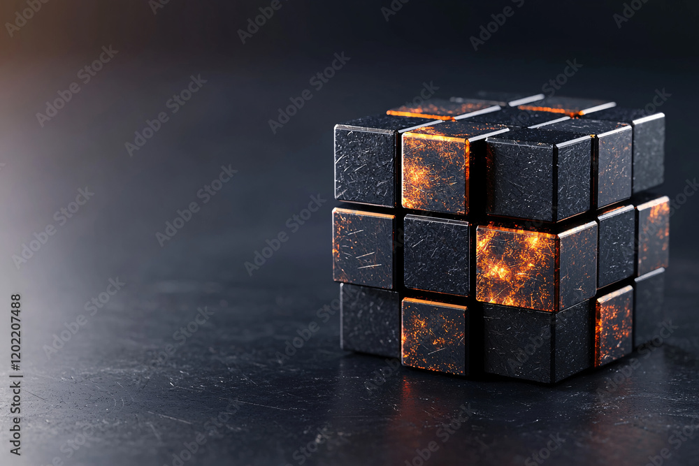 Poster striking abstract cube composed of dark blocks with glowing orange accents, set against textured bla