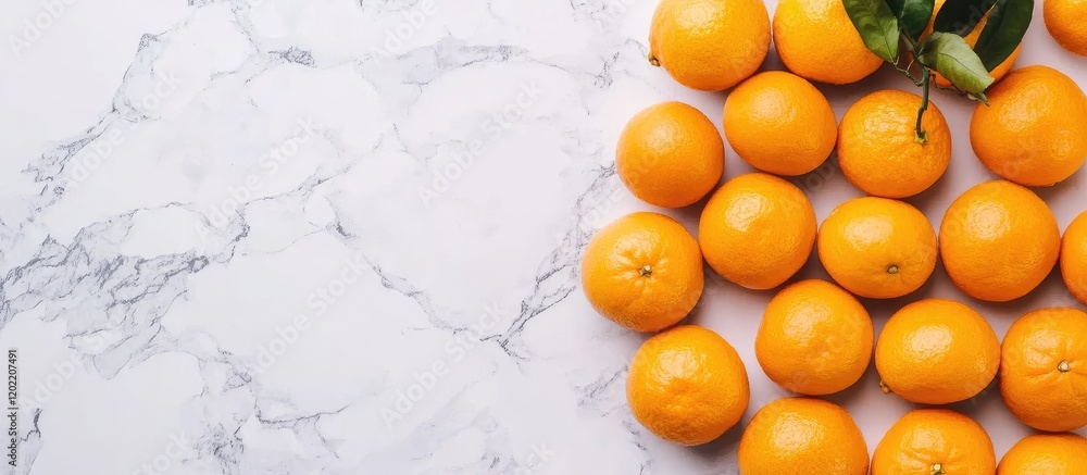 Leinwandbilder fresh oranges arranged on a marble background with copy space for text placement.
