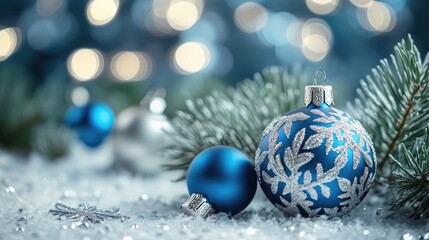 Christmas ornaments in blue and silver colors with pine branches on snow and blurred festive lights in background Copy Space