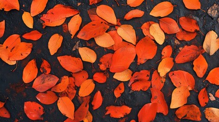 Autumn leaves in shades of orange and red scattered on dark textured surface with Copy Space for text placement