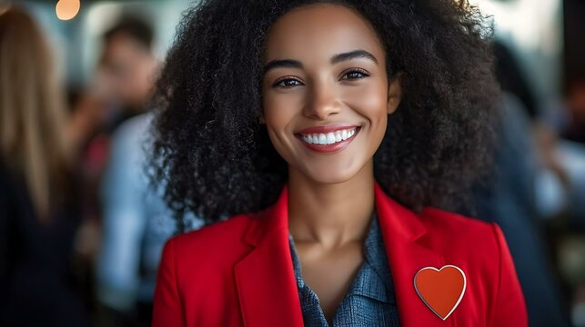 Sophisticated businesswoman in a vibrant red blazer showcasing a heart-shaped badge at a networking event