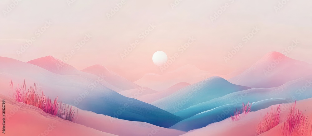 Poster abstract pastel landscape with soft rolling hills at sunset featuring pink and blue hues and smooth 