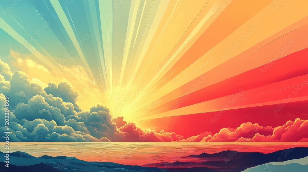 Poster vibrant sunset over ocean with colorful rays illuminating clouds and mountains in the foreground cop