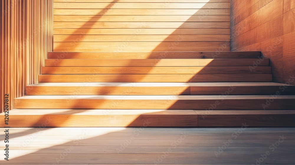Poster wooden staircase with natural light and shadows showcasing minimalistic design and textures copy spa