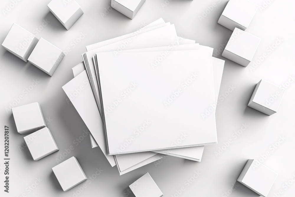 Poster blank business cards stacked with small white cubes surrounding them, creating clean and minimalisti
