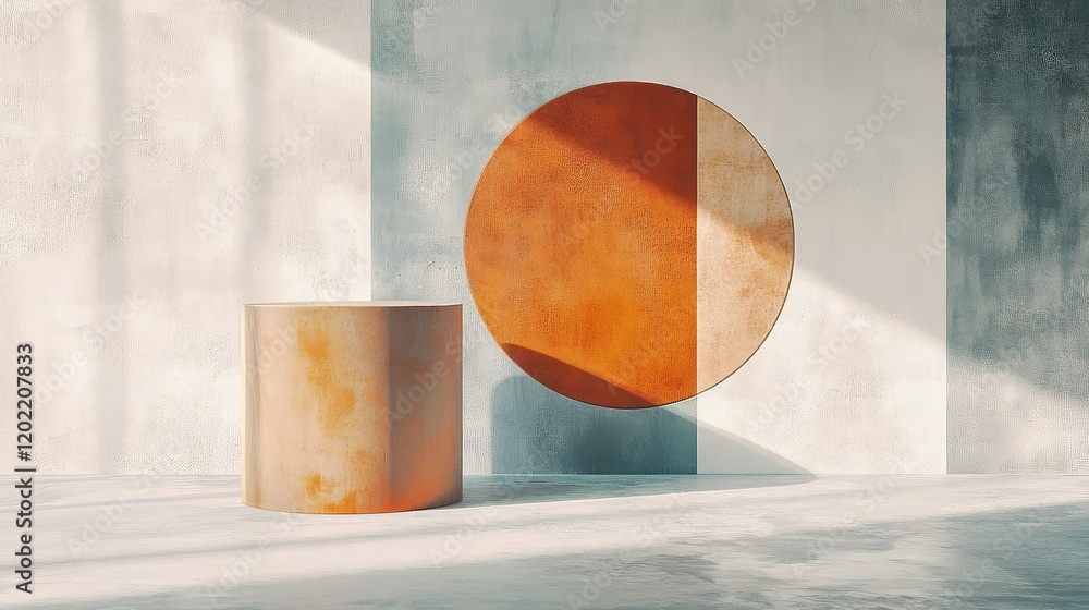 Poster abstract interior scene with circular and cylindrical shapes on a textured wall with soft lighting a