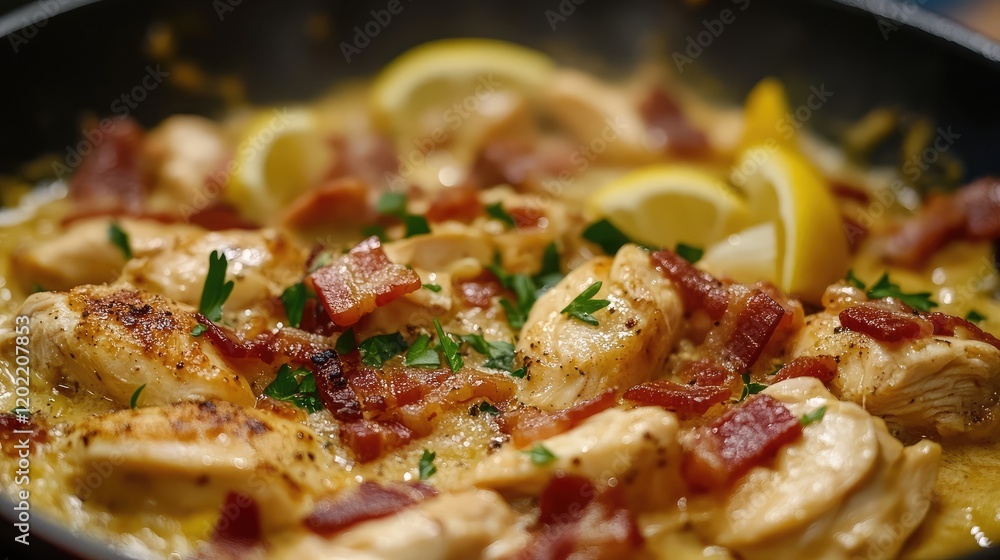 Poster delicious chicken dish with bacon and lemon garnished with parsley in a frying pan copy space