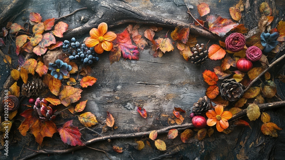 Poster autumn leaves and flowers arrangement on rustic wooden background with copy space for text placement