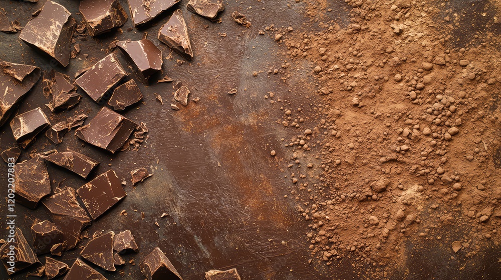 Poster dark chocolate pieces and cocoa powder on a textured surface with copy space for text placement