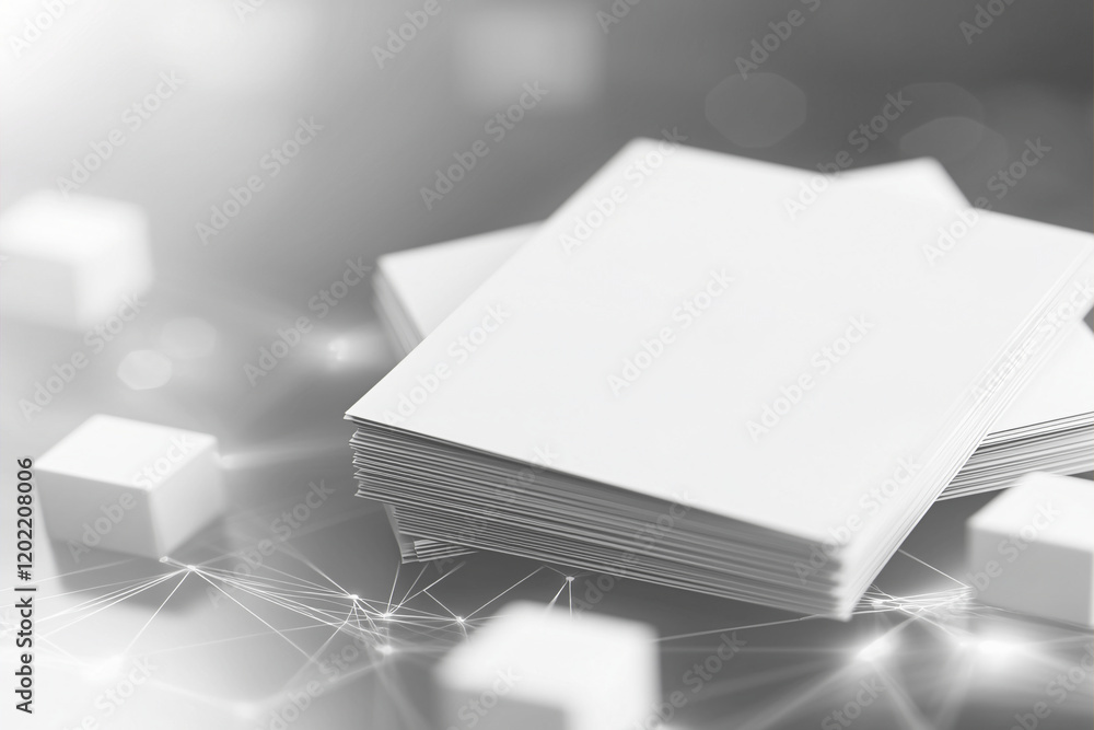 Poster blank business cards stacked on surface with blurred background, creating modern and minimalistic lo