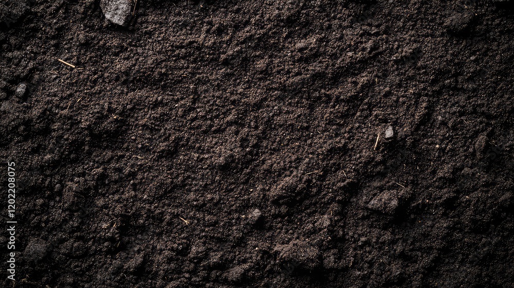 Aufkleber Textured dark soil background with small stones and organic matter, suitable for various design applications, Copy Space available.