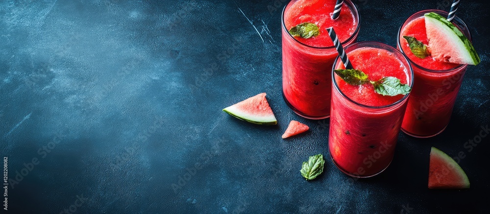 Poster fresh watermelon smoothies in tall glasses with mint garnish on a dark surface with copy space for t